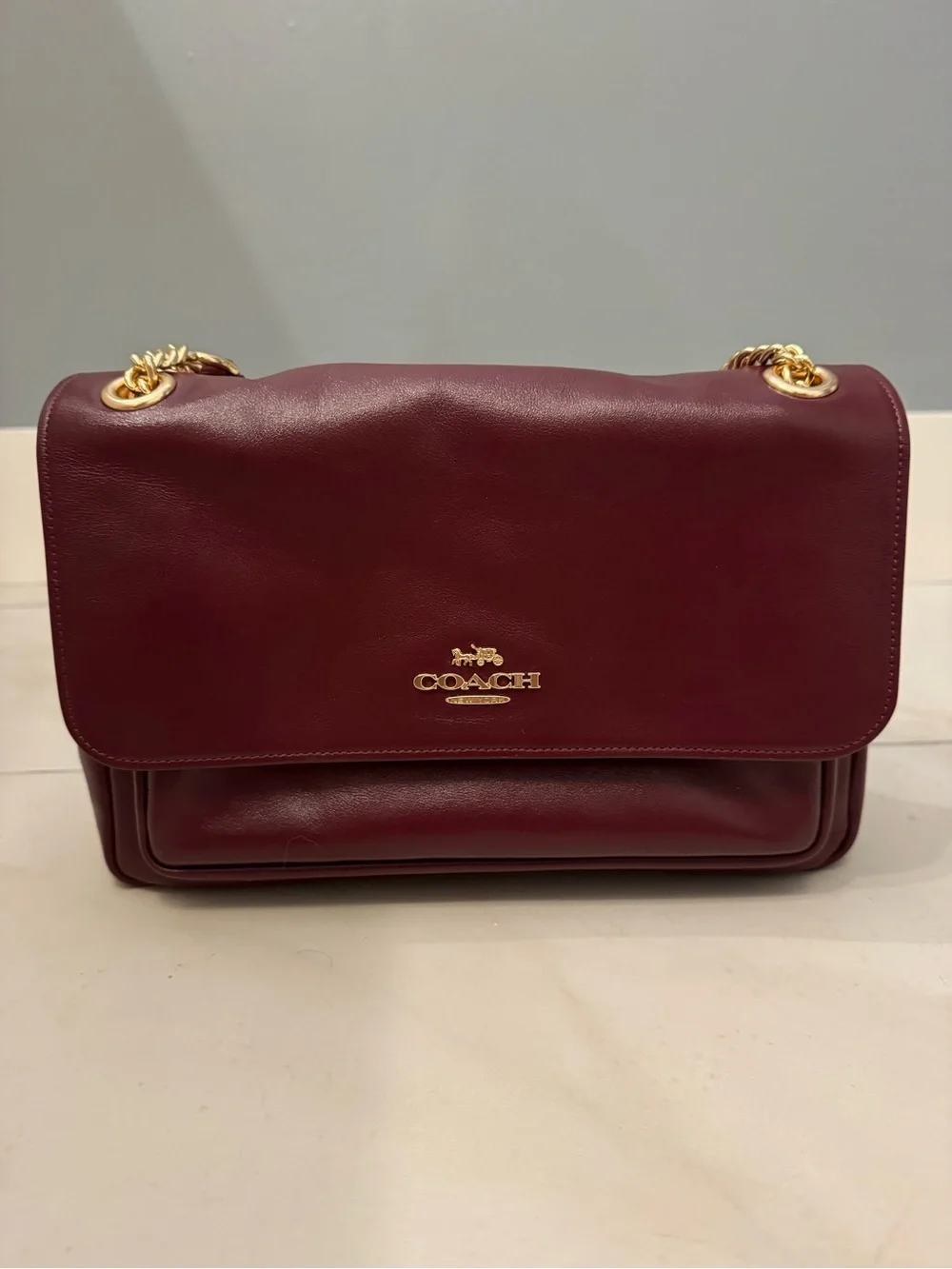 Coach Leather Shoulder Bag in Wine with Gold Chain